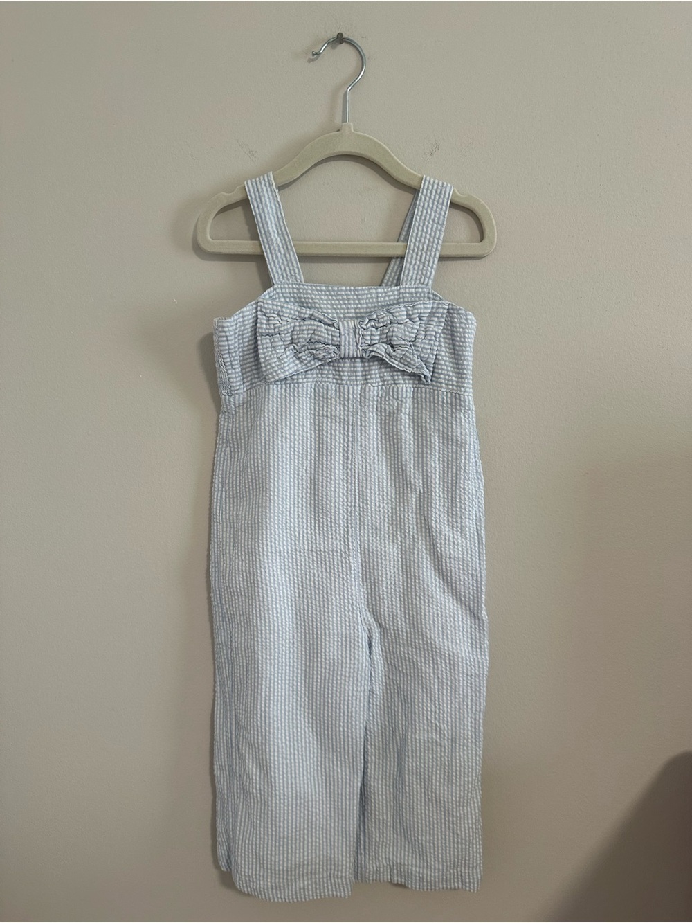 crown & ivy Blue and White Seersucker Girls' Jumpsuit with Front Bow